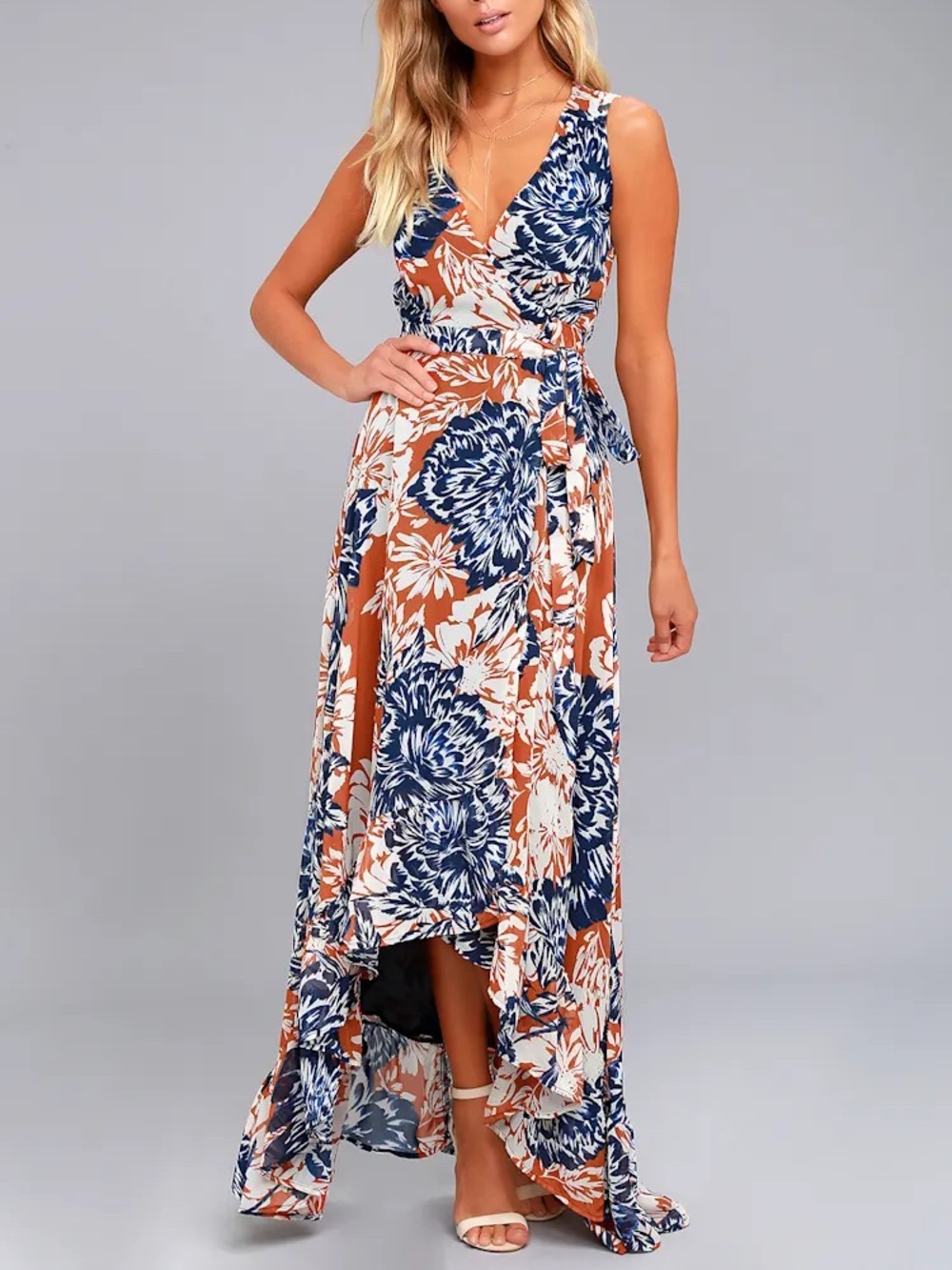 Lulu’s Desert Trip Rust Orange Floral Print High-Low Wrap Dress